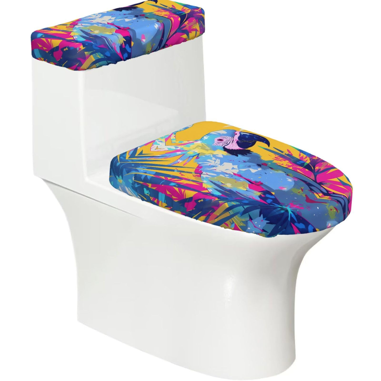Wzycwb Black Blue Parrot 2-Piece Toilet Seat Cover Set With Tank Lid, Elastic Fit For U-Shape & Elongated Toilets, Bathroom Decor, Housewarming Gift