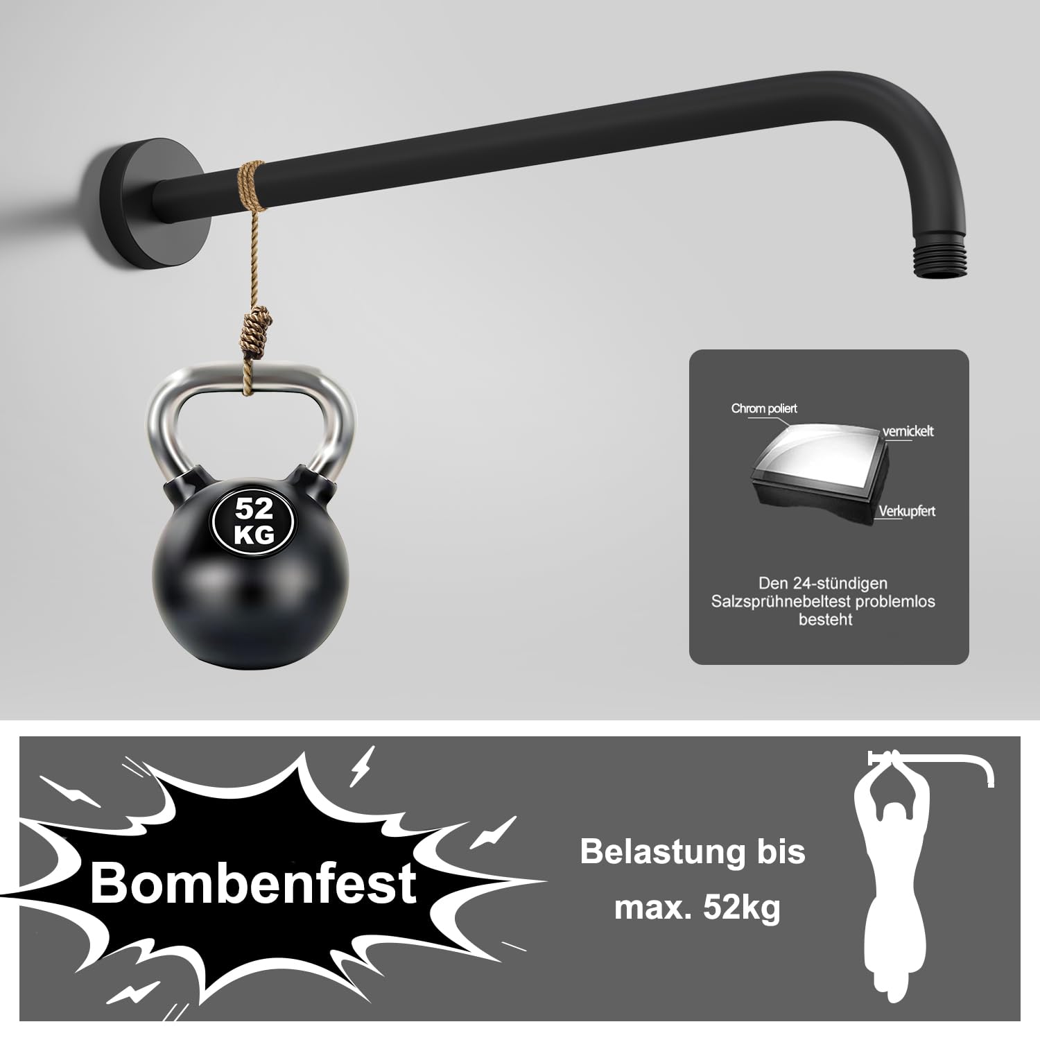 JOHO Bombenfester Brausearm Wandarm Deckenarm Zulaufarm aus Edelstahl 40cm rund schwarz mit Belastung 52kg