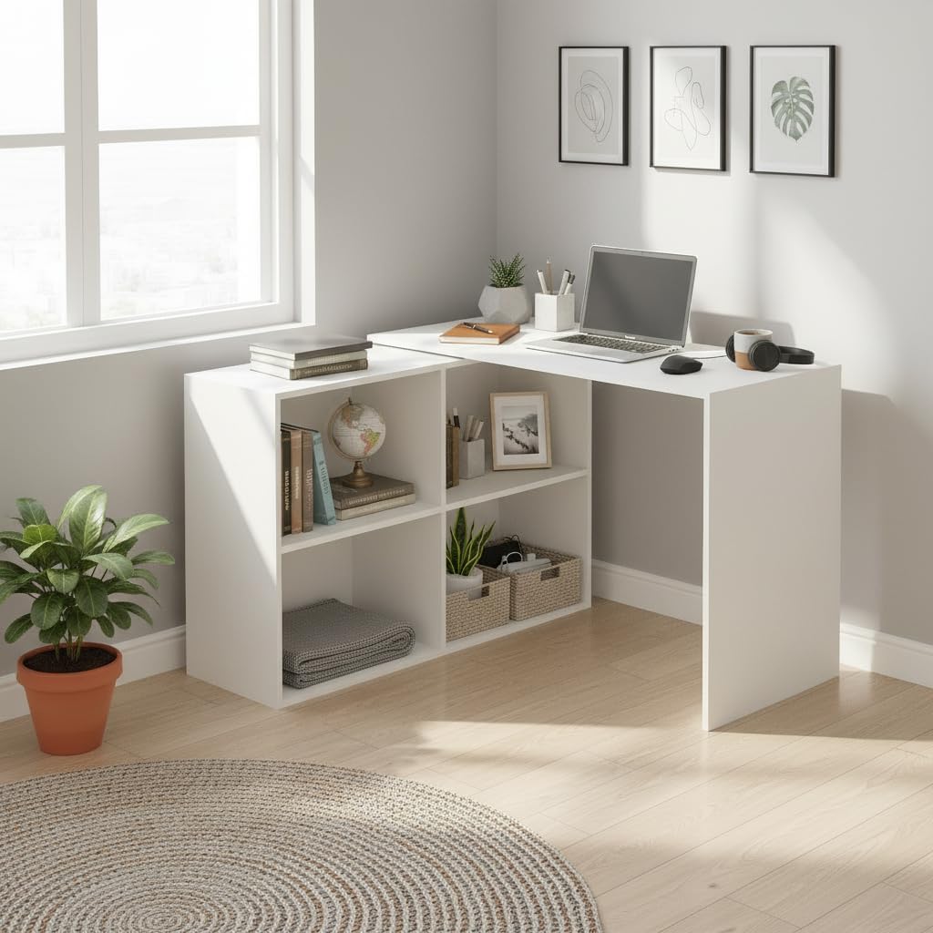 FURNEASER Maggen Engineered Wood Rotatable Study Table, L-Shaped Corner Computer Desk, Laptop Workstation for Home Office, WFH Desk, Gaming Space Saving Rotating Table with Bookcase (White)