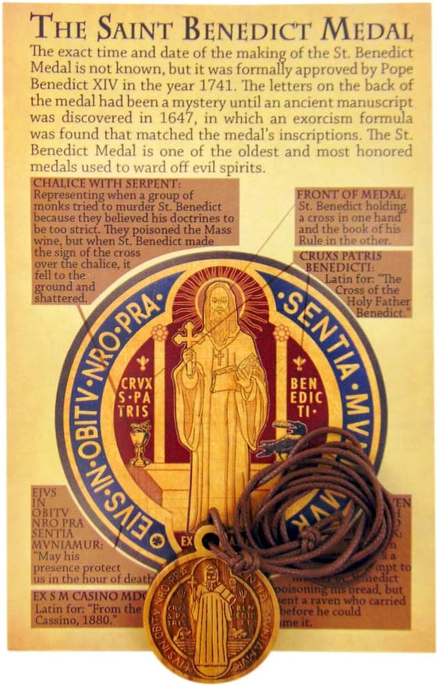 Olive Wood St Benedict Medal on a Cord with Prayer Card Gift Set