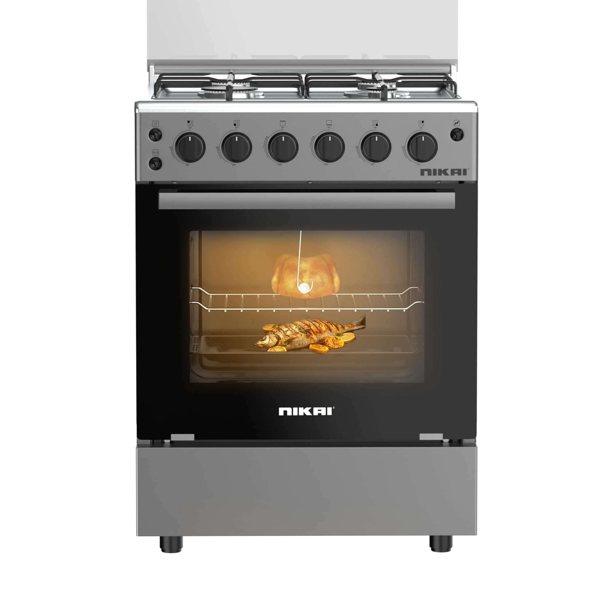 Nikai 60x60 Free Standing Gas Cooking Range with Oven, 4 Gas Burners, Stainless Steel Worktop, Rotisserie, Glass Cover, Lamp, U606CB Dark Grey