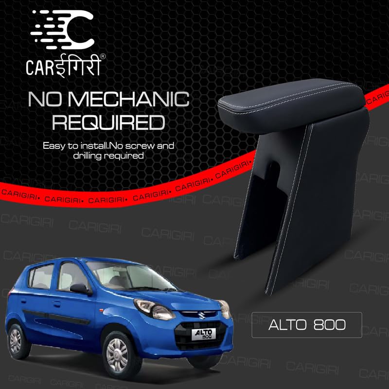 Image of Carigiri Premium Finish Car Armrest with Storage Box And High Density Moulded Foam For Maruti Suzuki Alto 800 (All Models) (White Seam,Nappa Leatherette)