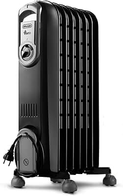 De'Longhi Serie Vento V550715.BG - Radiador de aceite eléctrico, calefacción eléctrica de bajo consumo, 7 elementos, temporizador, botones intuitivos para entornos de hasta 45 m³, 3 niveles de