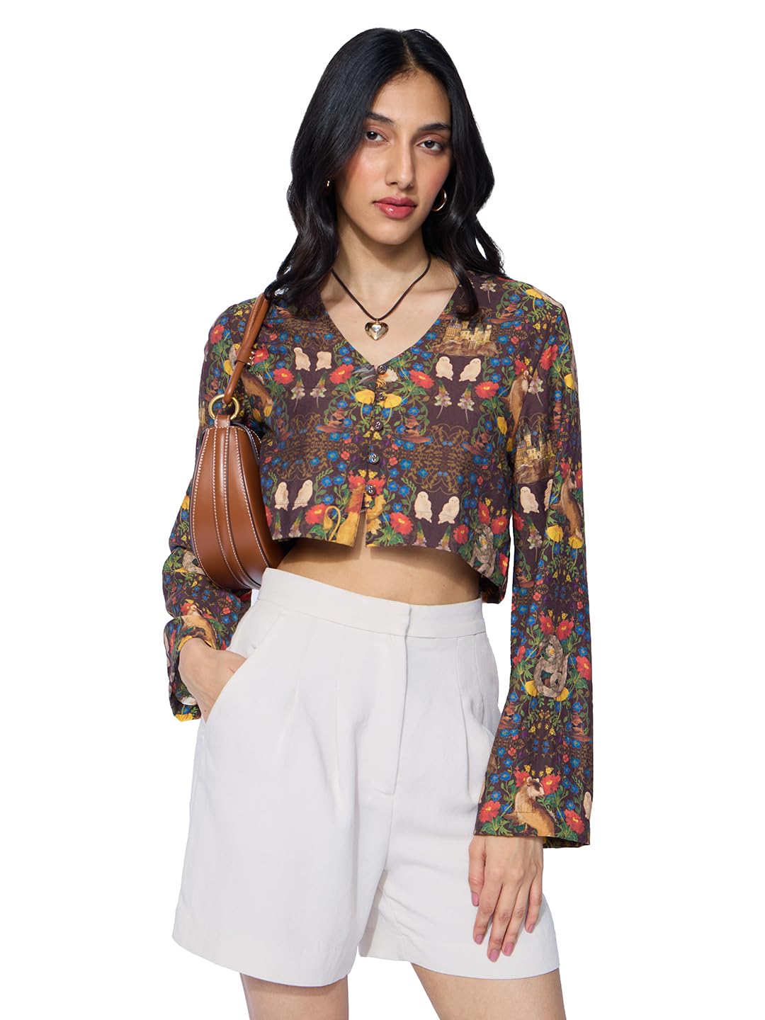 the souled store Harry Potter: Foliage Women and Girls Long Sleeves V Neck Button Front Brown All Over Printed Viscose Blend Cropped Tops-picture-27