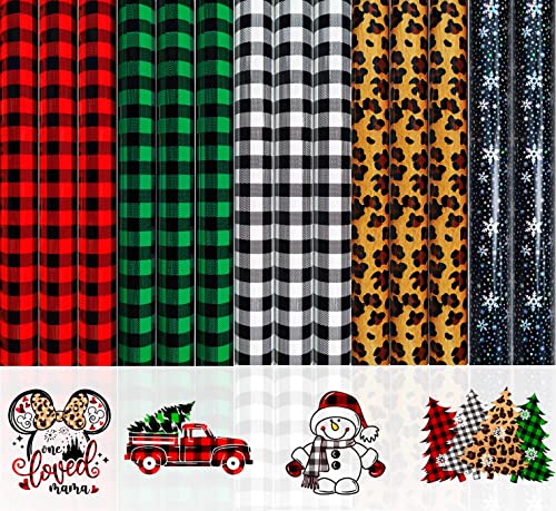 Christmas Heat Transfer Vinyl for Cricut Iron On,14 Sheets HTV Buffalo Plaid Bundle Accessories for T Shirts,Easy Press Supplies,Glitter Patterned Leopard Holographic Roll Gifts for Mom