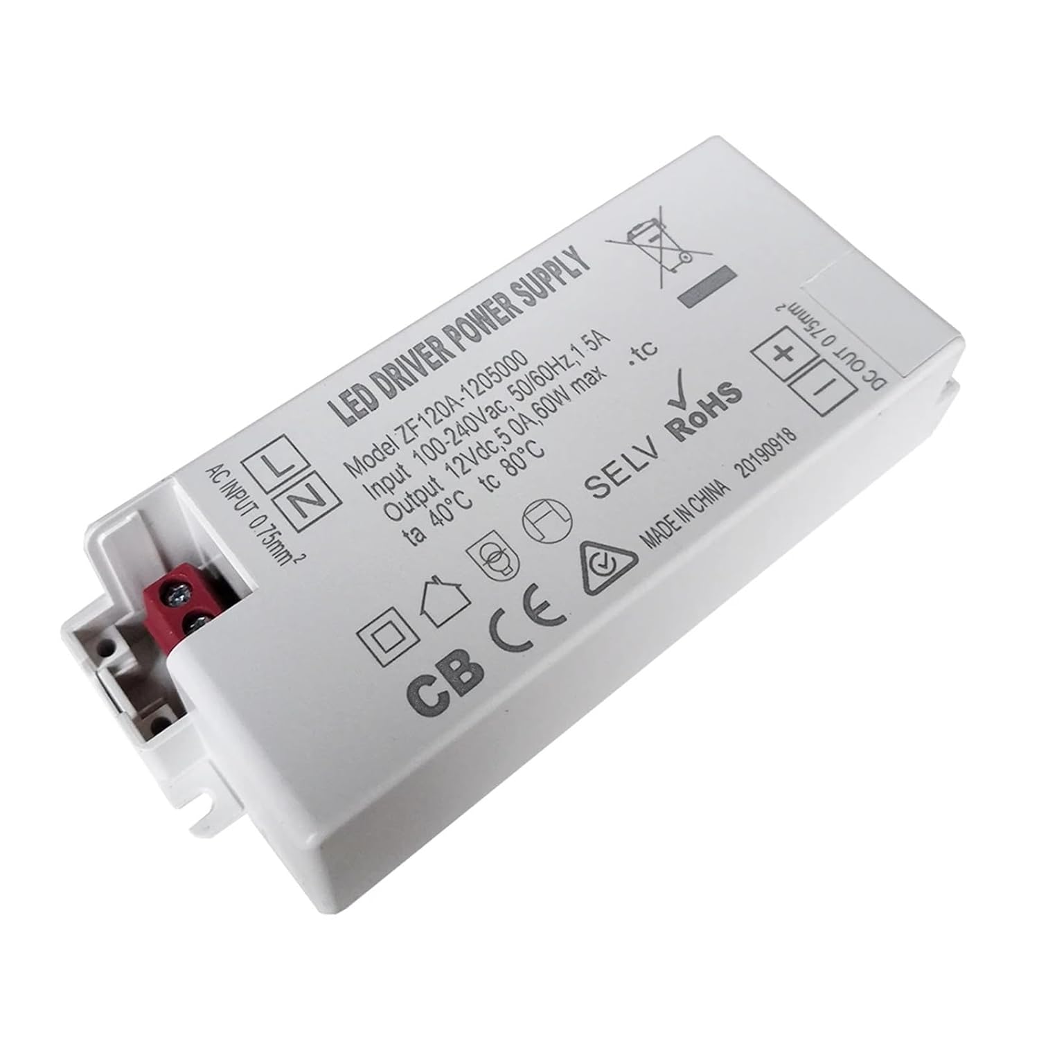 60W Class 2 LED Driver Power Supply ZF120A-1205000 Lighting Low Voltage Transformer for LED Strip(100-240V)