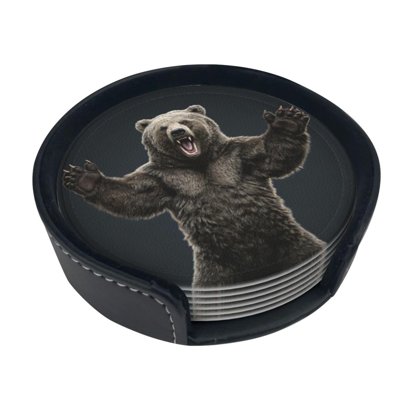 Grizzly Roar Leather Coasters-Set of 6 with Storage Holder