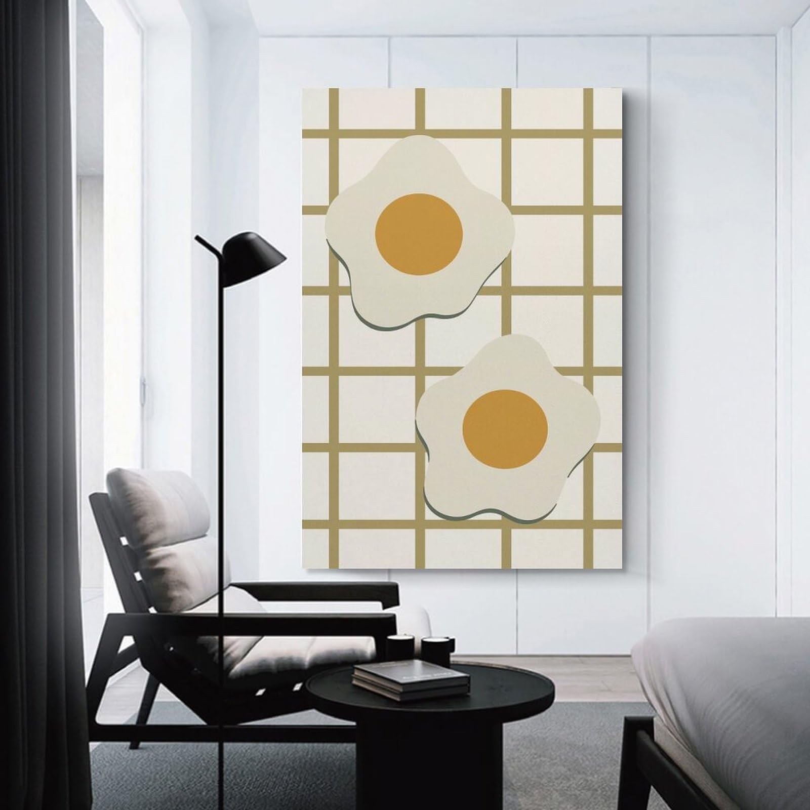 Junmoney Two Fried Eggs on Grid Background Canvas Art Print, 16x24inch(40x60cm), for Home Walls, Creative Rooms Or Shared Spaces, Decorative Artwork with Broad Appeal