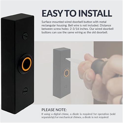 Miniatura 6 de Newhouse Hardware Botón rectangular iluminado de metal con cable en negro BT6BL, para timbre de puerta, timbre o timbre, solo botón de timbre de