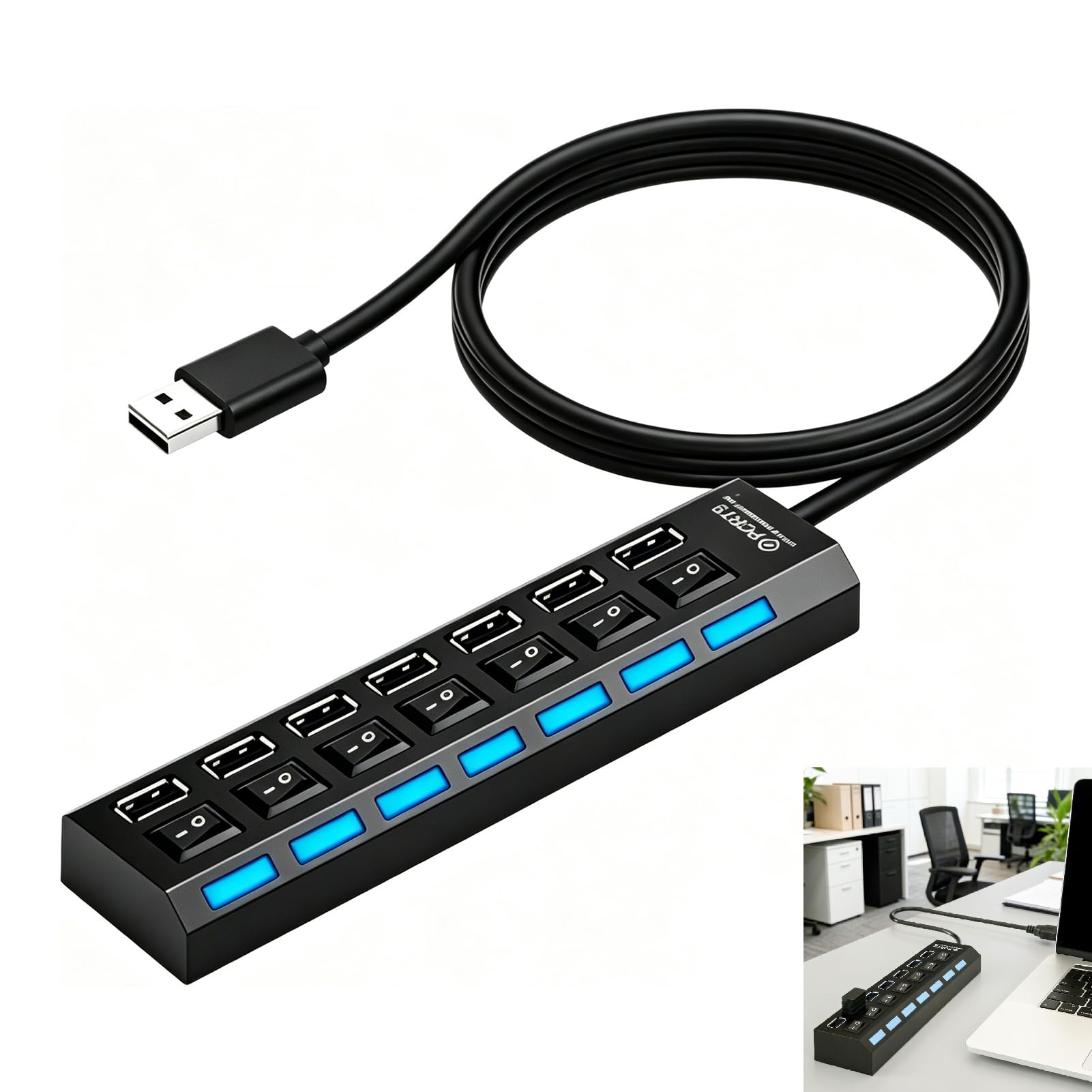 Hub USB a 7 porte, Hub con Interruttori LED Individuali, Hub Multipresa USB 2.0 per PC Mac Laptop Mouse Tastiera Hard Disk, Stampante, Trasferimento Dati 480 Mbps, Compatto e Portatile