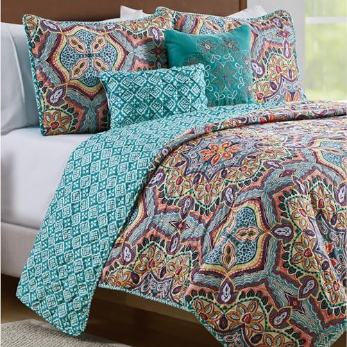 Vcny Home YAA-5QT-KING-IN-AQUA Yara Medallion 5 Piece Reversible Quilt Set thumb #4