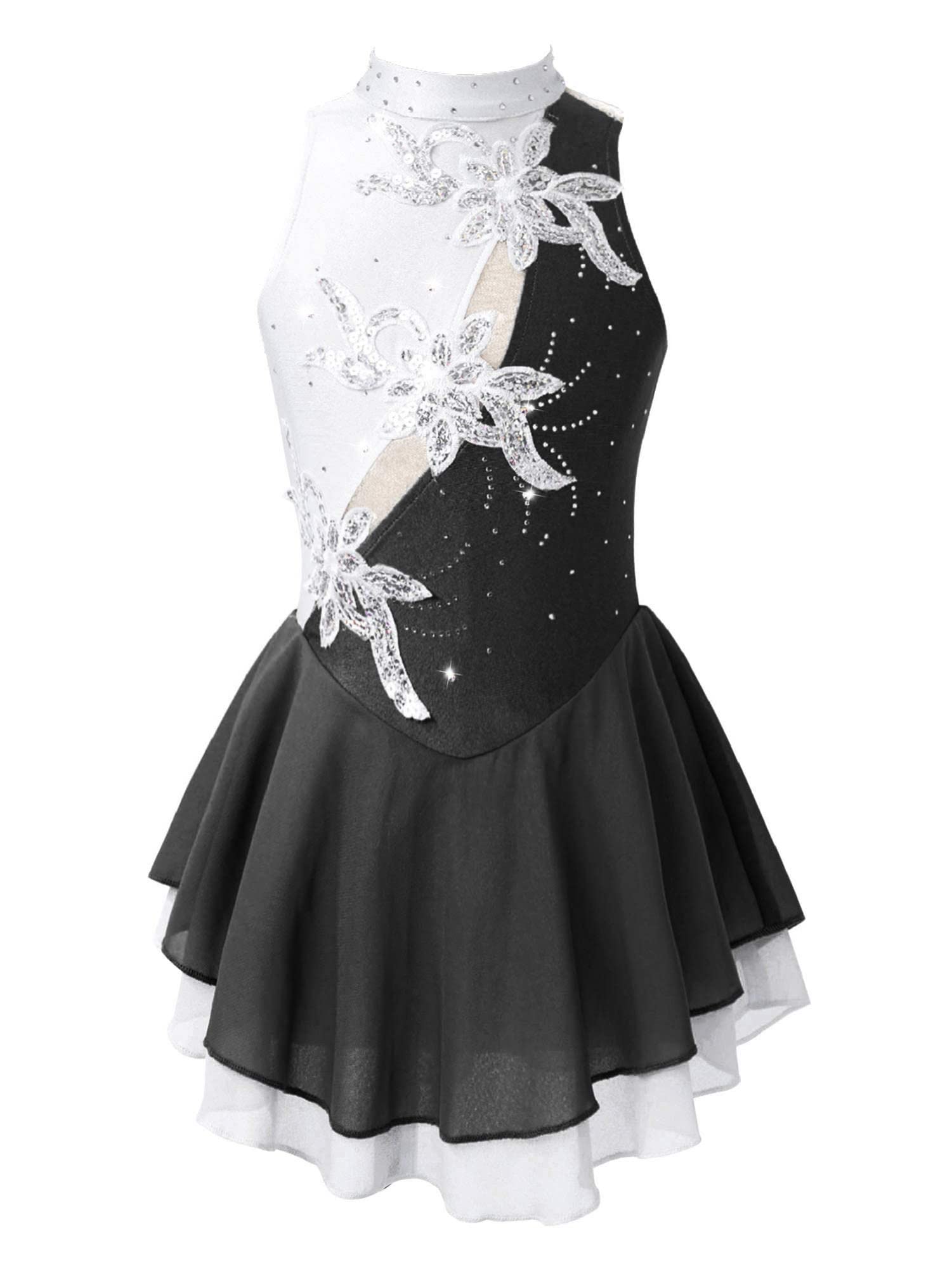 IEFIEL Vestido de Patinaje Artístico para Niña Maillot Ballet con Falda Malla de Gimnasia Rítmica sin Mangas con Lentejuelas Brillantes Vestido de Danza Lírica — view 13