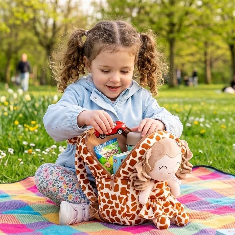 Image of Gloveleya Toddler Girls Backpacks Soft Doll Backpack for Kids Curly Hair Dolls for Girls Giraffe 9 inches