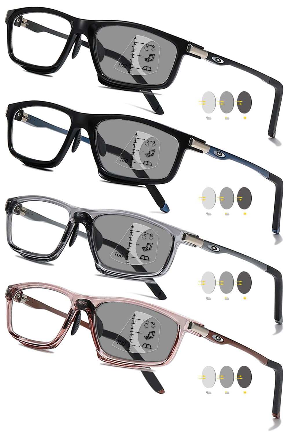 VEVESMUNDO Gleitsichtbrille Selbsttönende Multifokale Lesebrille Photochrome Sonnenlesebrille Rechteckige Blaulichtfilter Getönte Brille