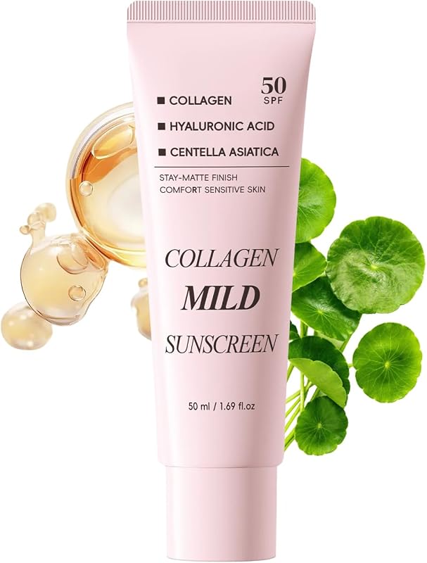 Collagen Mild Centella Sunscreen SPF 50 for Face, Broad Spectrum Protection, Hydrating Facial Sunscreen with Peptides & Cica, Lightweight Non-Greasy, No White Cast, Natural Glow, Travel Size (1PC)