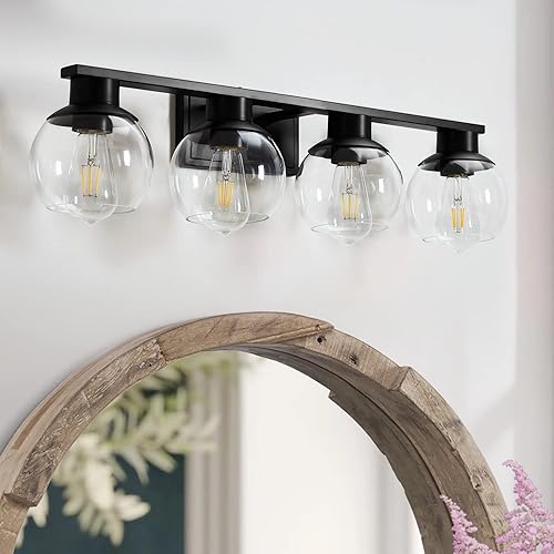 Miniatura 5 de PAZALA Lámpara de tocador de baño de 4 luces, accesorios de iluminación modernos para baño con pantalla de vidrio de globo, aplique de pared negro