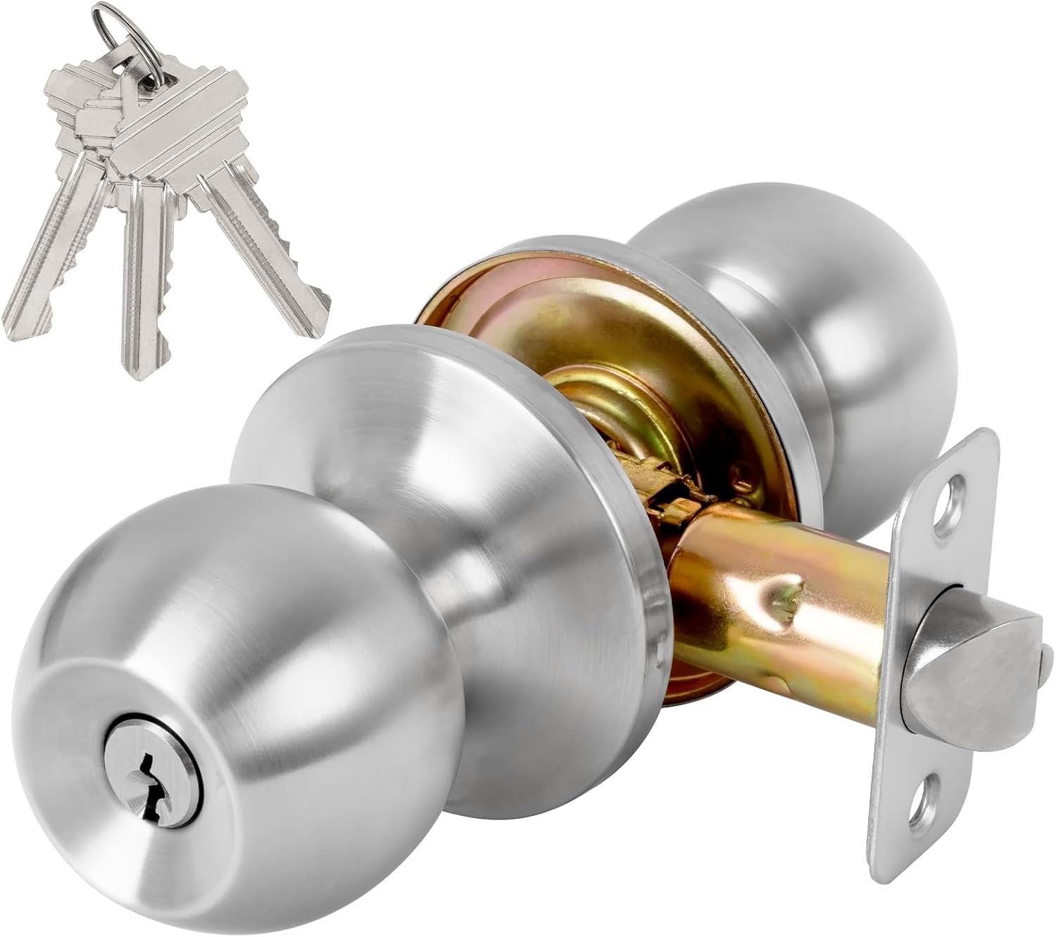 Keyed Entry Door Knob with Lock and Key, Exterior and Interior Door Knob for Bedroom or Bathroom, Satin Nickel