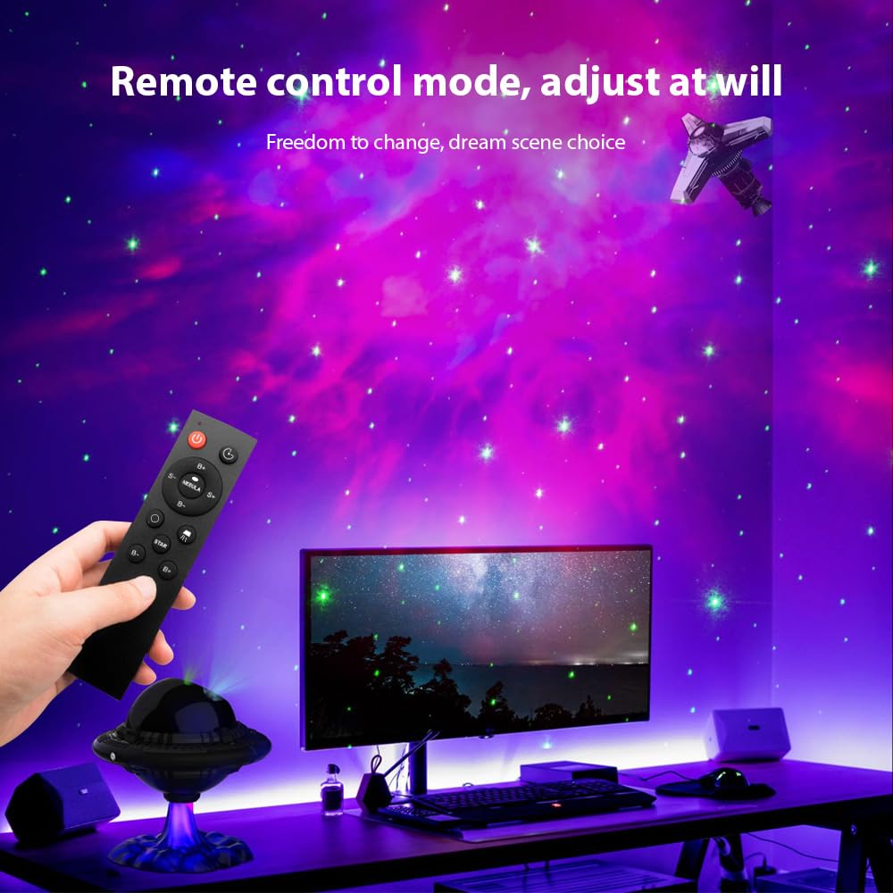 Luces nocturnas proyector de estrellas con forma de platillo volador con control remoto, 2 modos de temporización, lámpara LED, diseño OVNI, proyección de atmósfera para el hogar, dormitorio, sala de