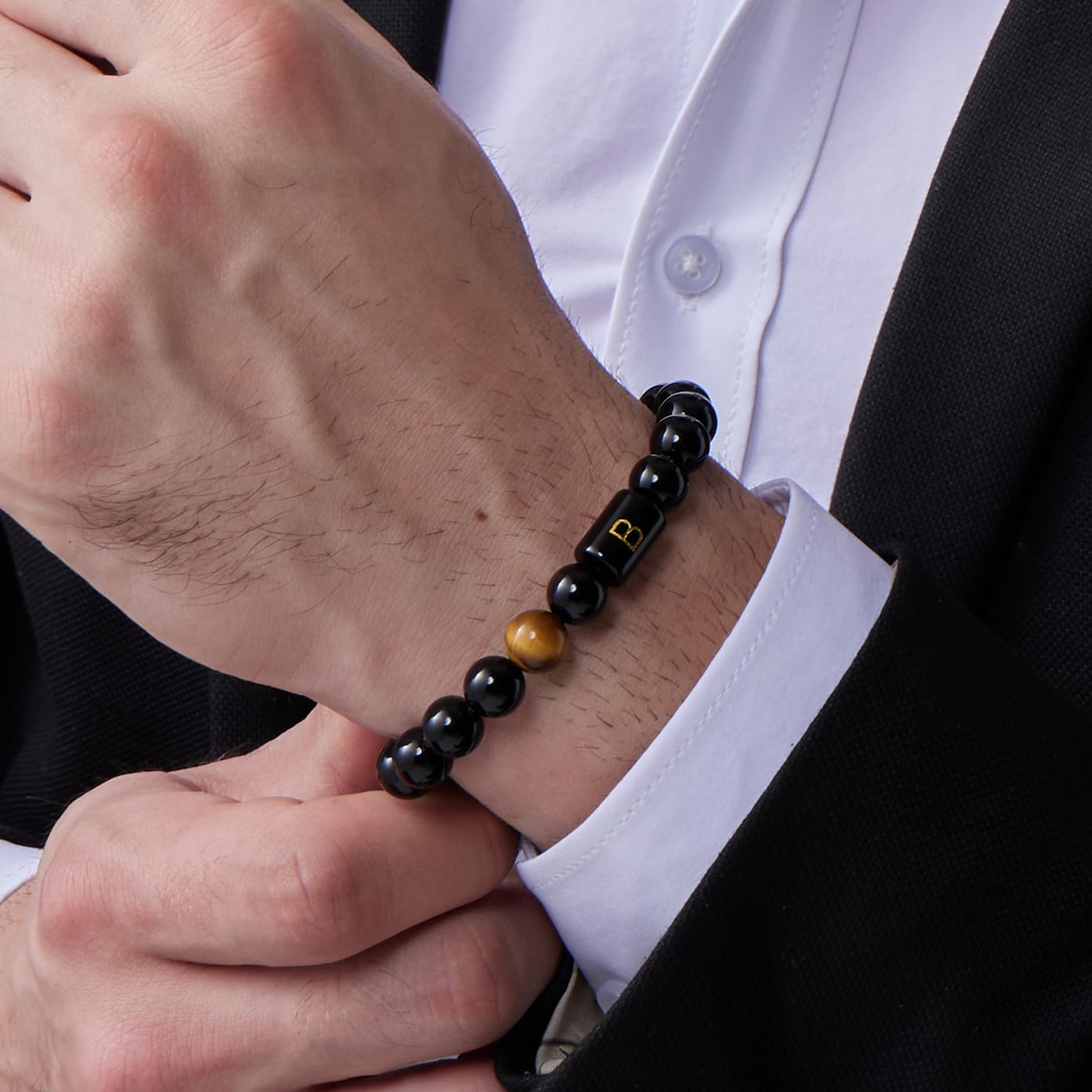 FRG Initials Bracelets for Men Letter Link Handmade Natural Black Onyx Tiger Eye Stone Beads Braided Rope Meaningful Bracelet
