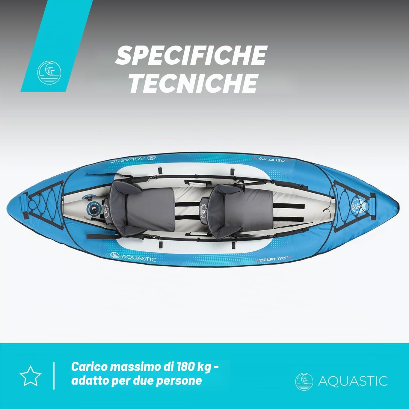 AQUASTIC Kayak Delf 11'0" Kayak gonfiabile per 2 persone in set con due posti, pompa, pinna e copertura da acqua blu con dimensioni 335x96 cm Perfetto per rafting e gite Robusto materiale in PVC