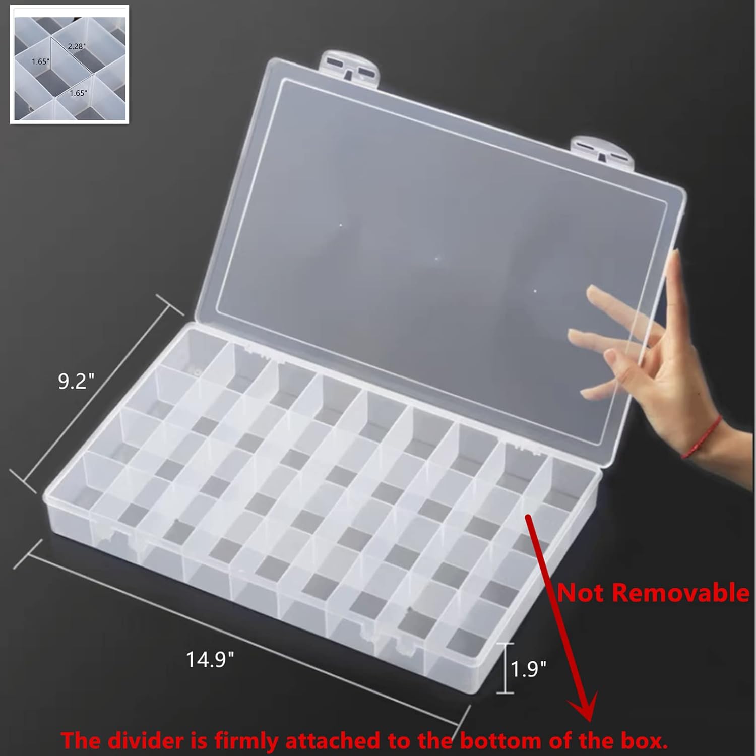 Feadily 1PCS 36 Grids Large Plastic Organizer Box with Dividers, Compartment Organizer Box for Nail Accessories/Screw/Sewing Arts and Oil Paint, Bead Storage Containers 14.9" x 9.2" x 1.9" (Clear) - Image 2