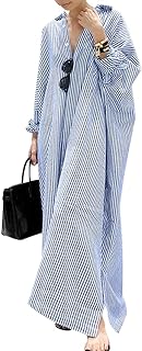 Women's Casual Long Sleeve Button Down Loose Striped Cotton Maxi Shirt D...
