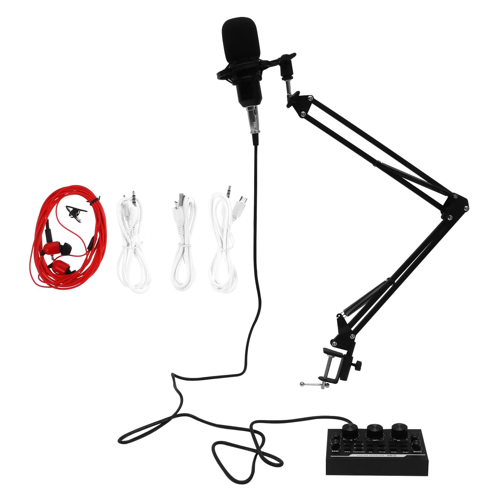 Ciieeo 11 Pezzi Kit Microfono Condensatore per Live Broadcast e Voce | Capacità 1765 Mah, Nero, Supporto a Cantilever Incluso, Metallo e Spugna-plastica