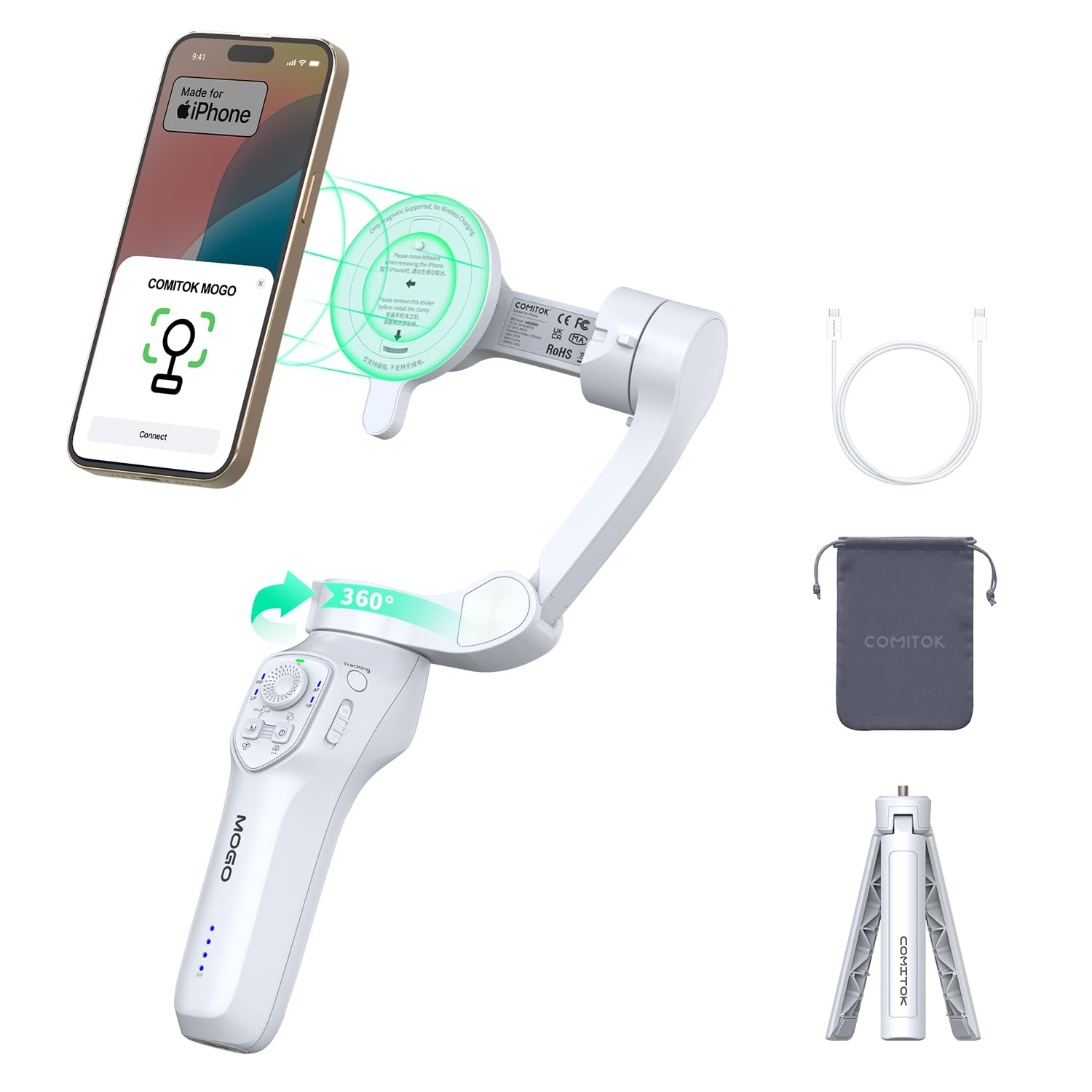 COMITOK MOGO - Estabilizador de cardán para iPhone, [certificado MFi] cardán de teléfono con seguimiento facial de 360 grados para grabación de video, par NFC y soporte magnético para iPhone 16 15 Pro
