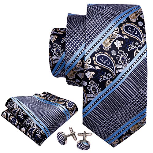 Image of Barry.Wang Mens Tie Set Plaid Check Neckties Formal Business Wedding Luxury Pocket Square Cufflinks