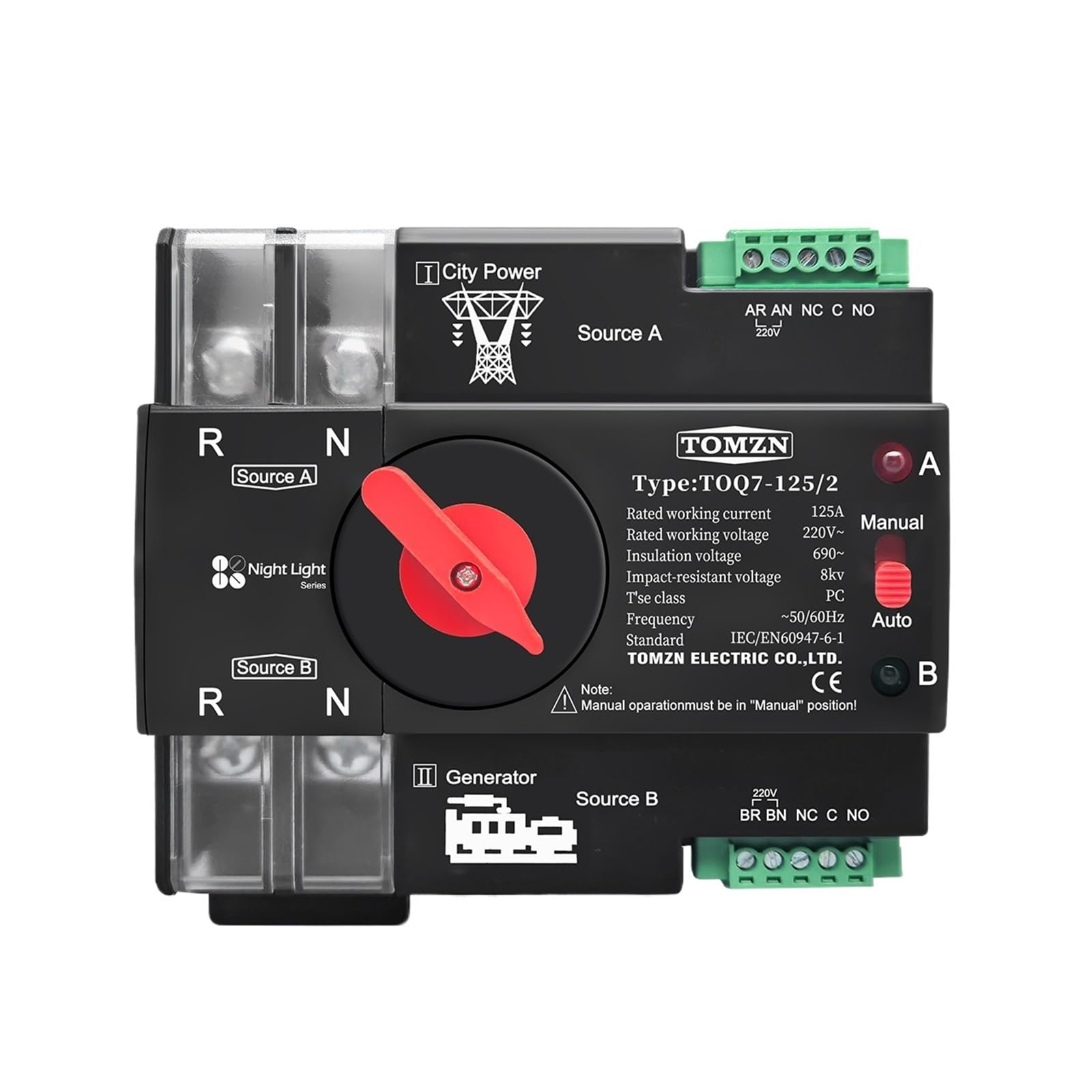 VSPPJYFG Night Light Series Rail 220V 230V Dual Power Transfer Selector Switch 2P 63A 100A 125A(100A)