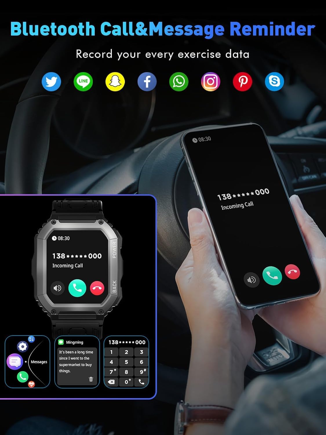 Smartwatch męski, ekran dotykowy o przekątnej 1,8", z funkcją telefonu, 100 + trybów sportowych, wodoszczelność IP68, zegarek sportowy, zegarek fitness z monitorem tętna, snu, krokomierzem