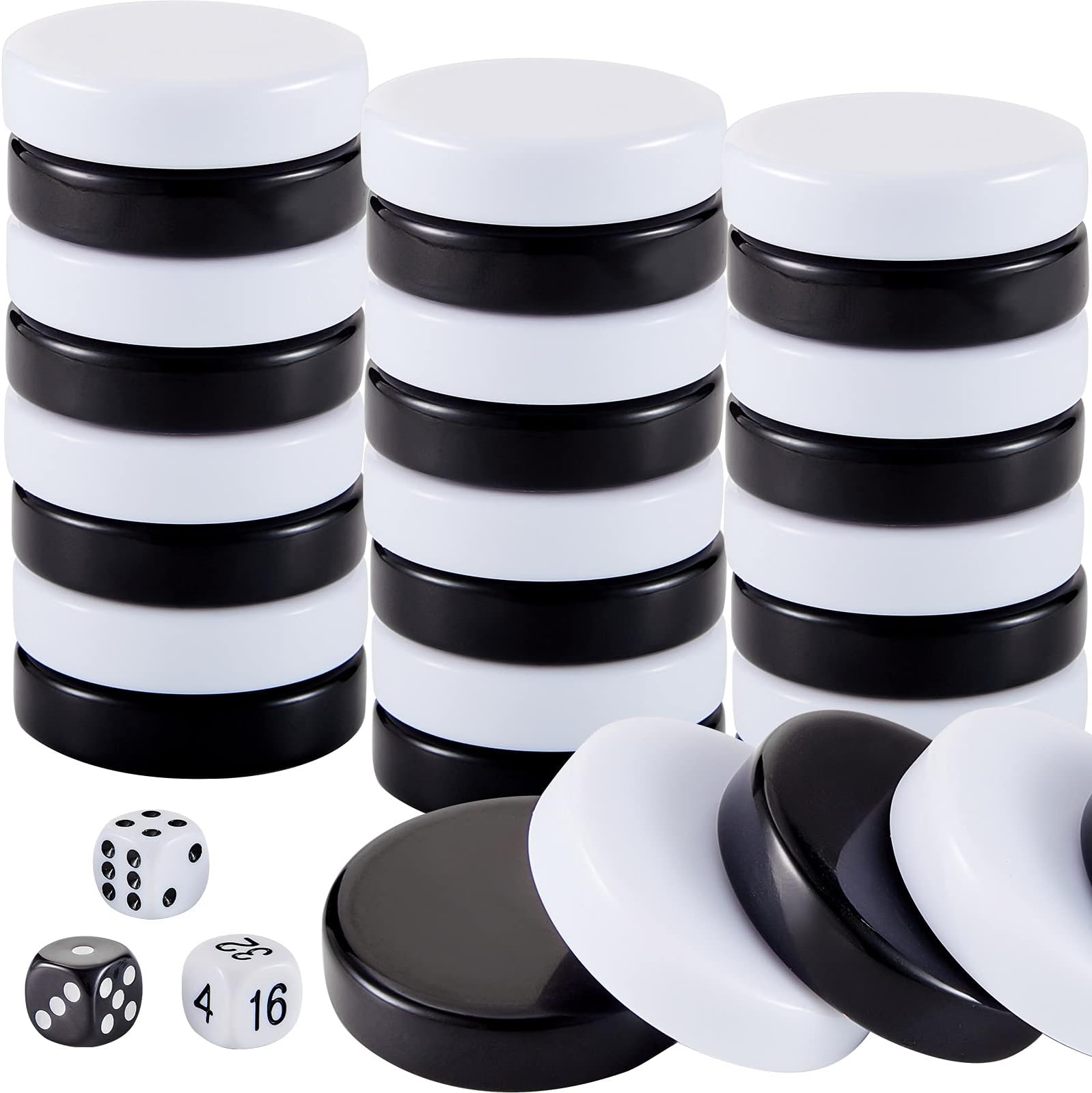 Skylety 30 Pcs Backgammon Pieces Checkers, 1.25 Inch Replacement Checkers Board Game Playing Game Chips with 5 Dice(Black and White)