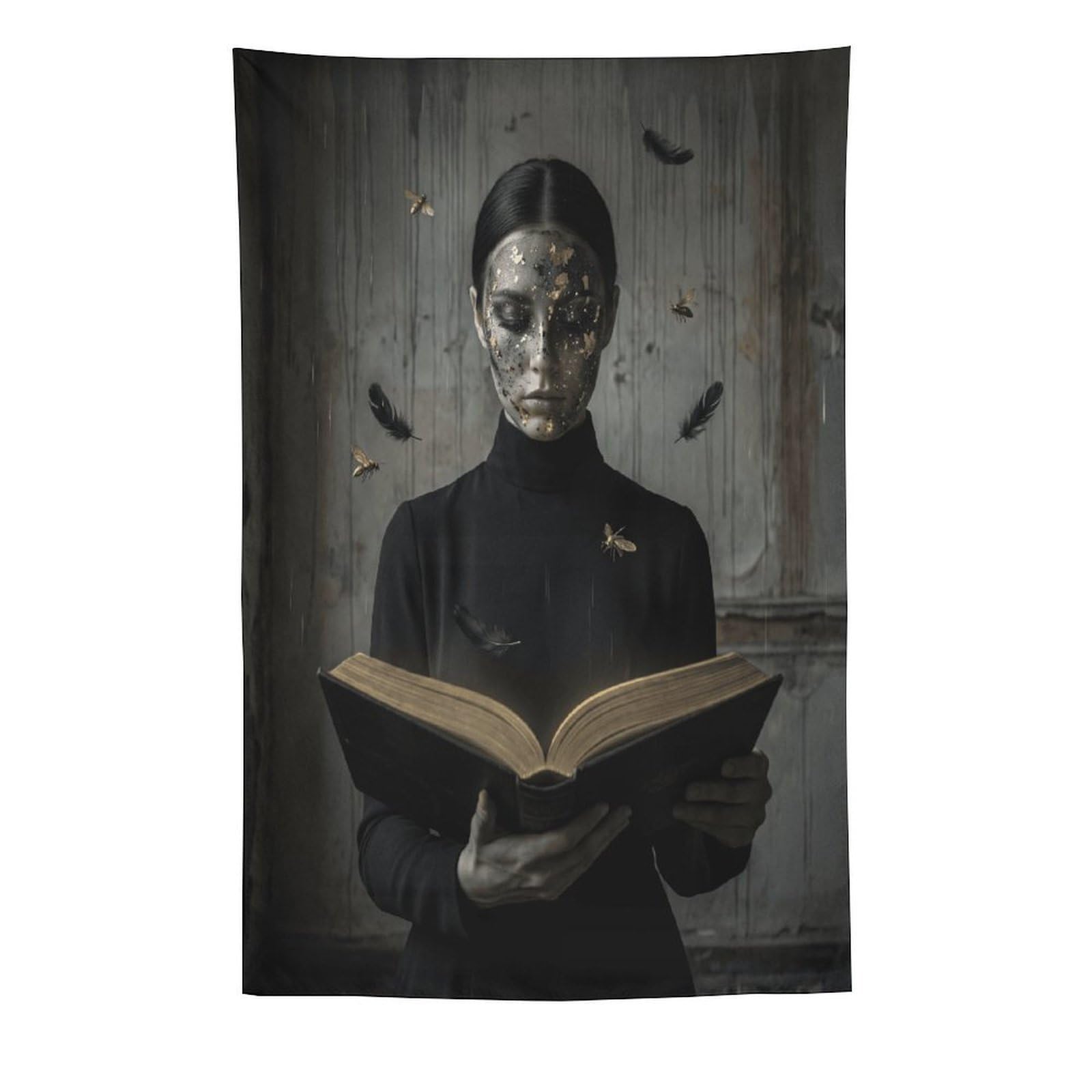 H3B8U2Y5 Silver Mask Reader Wall Tapestry, Detailed Illustration Style