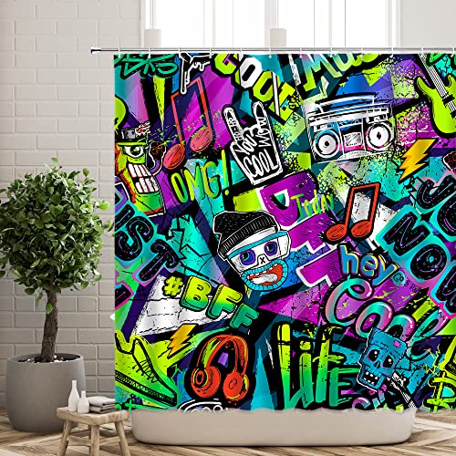 Colorful Graffiti Shower Curtain Abstract Messy Design Creative Inkjet City Street Pop Culture Youth Hip Hop Art Bath Decor Polyester With Hooks 70Wx70H Inch #TOP2