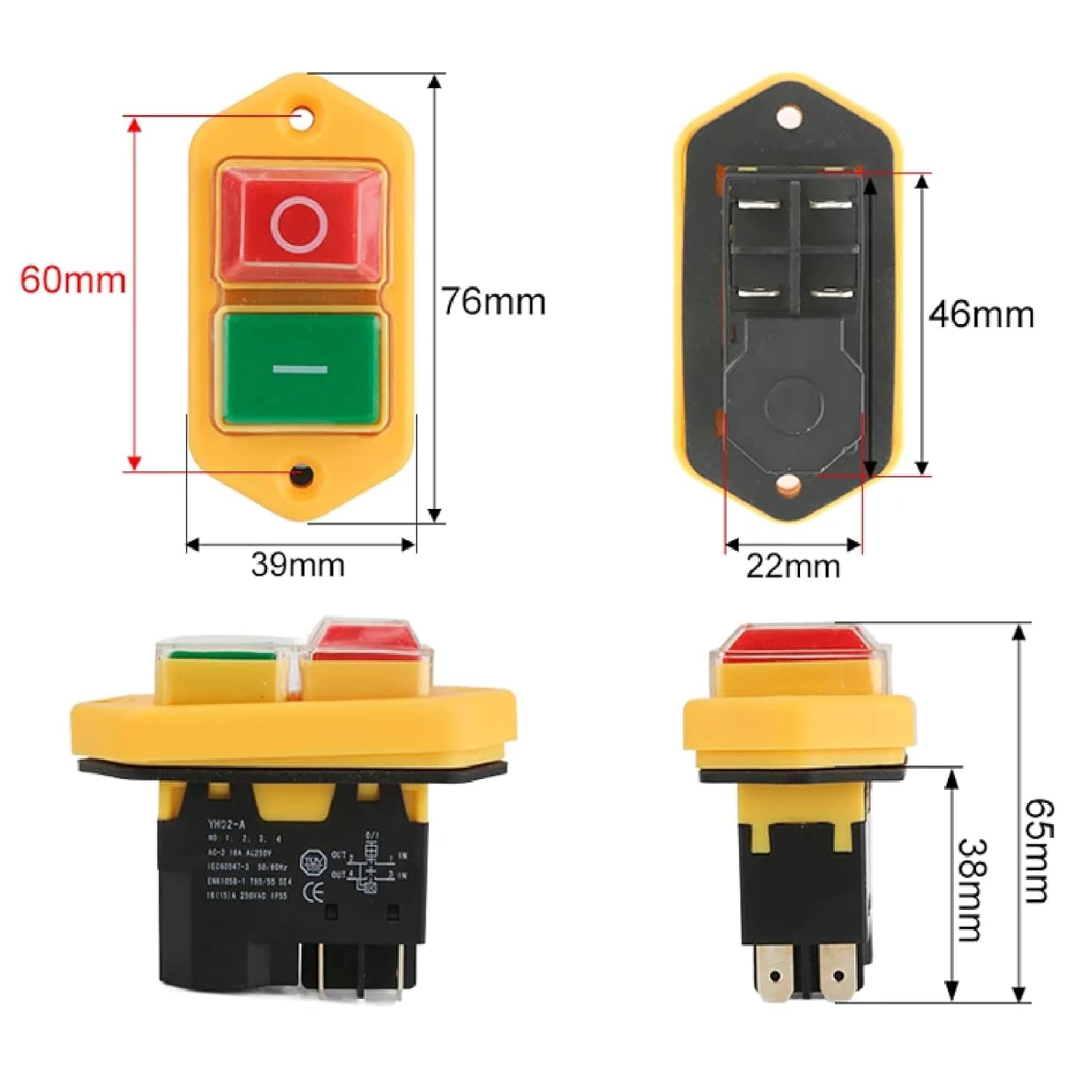 YH02-A Electromagnetic Push Button Switch, 110V/220V Dual Voltage, 15A Contact Capacity, Waterproof Panel for Machine Tool Equipment, 4PIN 5PIN Starter (5PIN 220V)