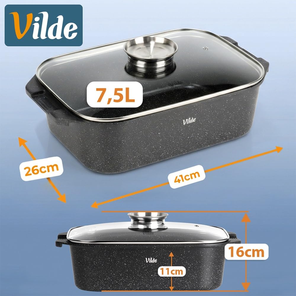 Vilde Sartén de granito con tapa, 41 x 26 x 16 cm, 7,5 L | con parrilla, revestimiento de granito, para inducción de gas y horno eléctrico