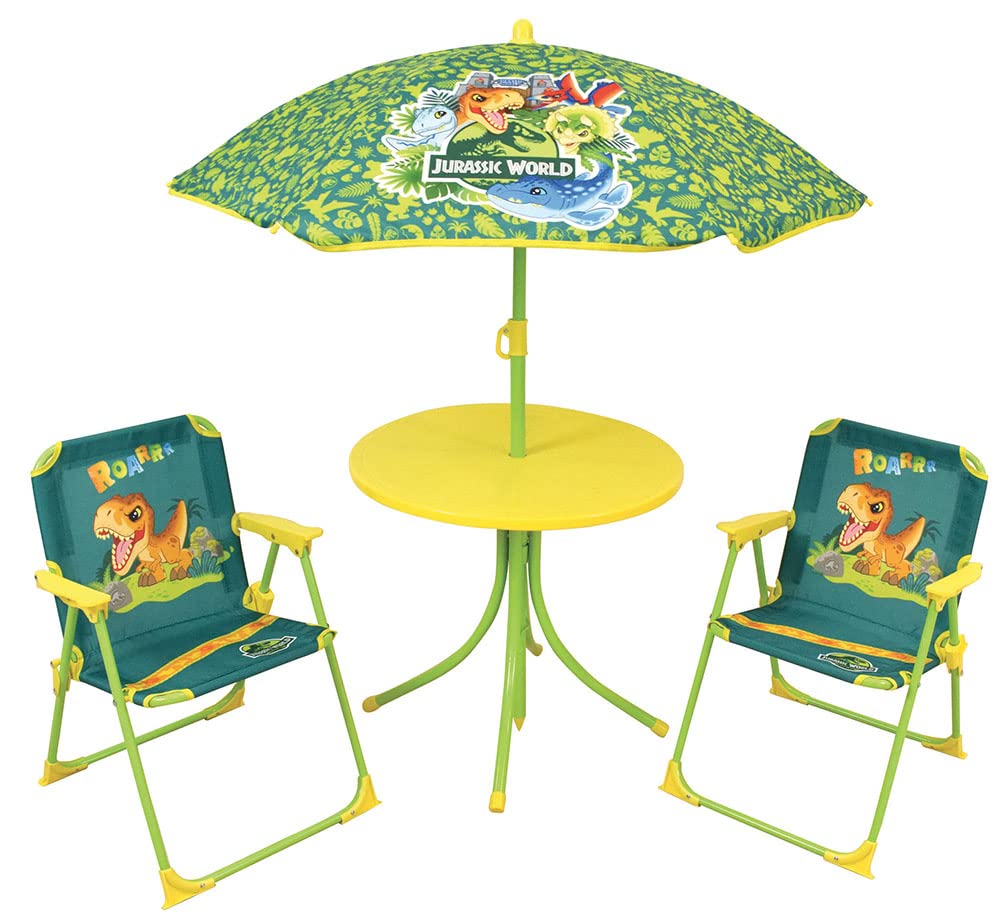 FUN HOUSE 713464 Jurassic World Salon DE Jardin Dinosaures pour Enfant avec Une Table H.46 X Ø46 CM, Deux CHAISES H.53 X L.38,5 X P.37,5 CM ET Un Parasol H.125 X Ø 100 CM Multicolore