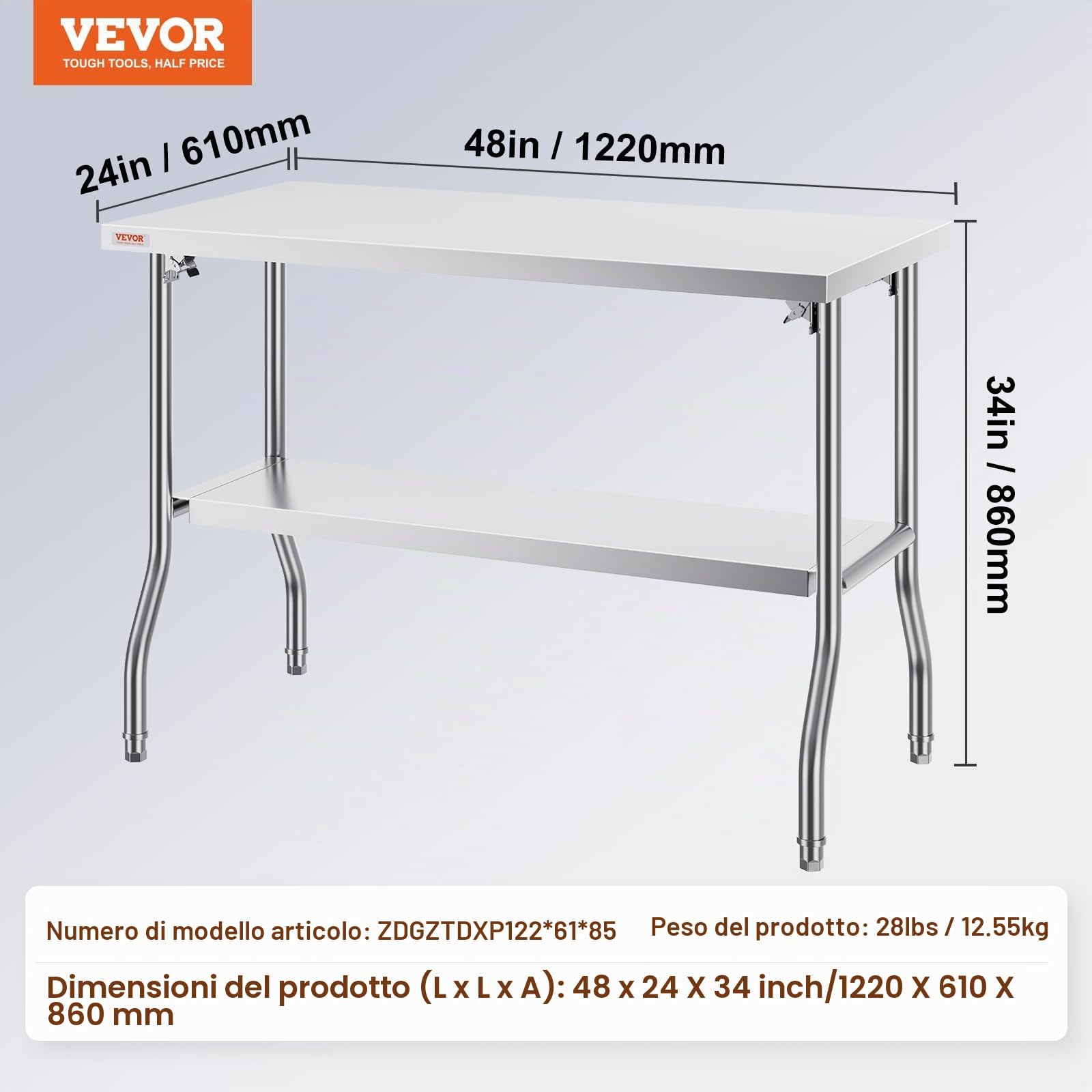 VEVOR Tavolo Acciaio Inox Professionale 40,8 Libbre Tavolo da Lavoro per Cucina 48 x 24 x 33,5 Pollici, Capacità di Carico 350 kg, Piano Lavoro Commerciale per Ristorante