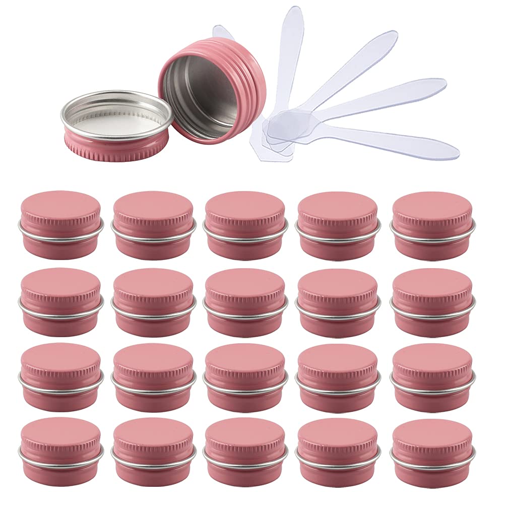 Zeoabsy Pink Pack Of 24, Empty 5Ml Aluminium Tins With Screw Lids Round Cosmetics Containers Pots Storage Jars For Lip Balm Diy Candle Salve Powder Crafts With 6 Spatula
