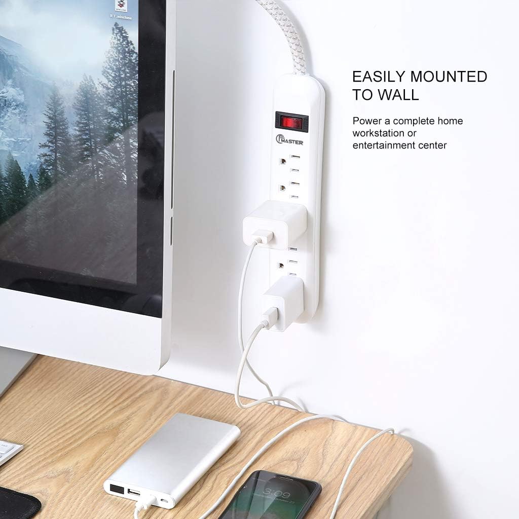 Power Strip Surge Protector CFMASTER 6 Outlets 2ft Long Extension Cord with Braided Fabric, 300 Joules, Wall-Mounted Strip, Overload Protection, for Home, Office (2 Pack)