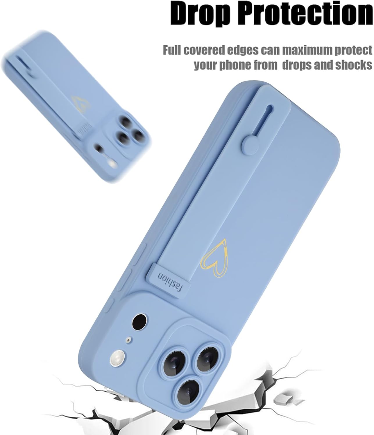 Compatible with iPhone 17 Pro Max Case for Women Men, Cute Love Heart Pattern, Built in Adjustable Metal Wrist Strap Grip Hand Holder Kickstand Soft Silicone Cover 6.9 Inch, Blue - Image 3