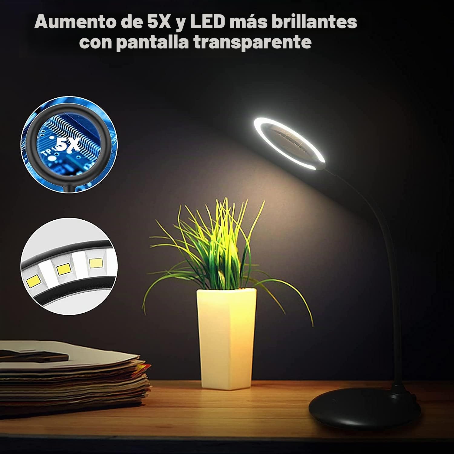 Lámpara de escritorio recargable de 5 aumentos, lupa regulable con luz y soporte, lupa táctil regulable con 28 luces led para trabajar, leer, practicar aficiones, costura, manualidades, negro