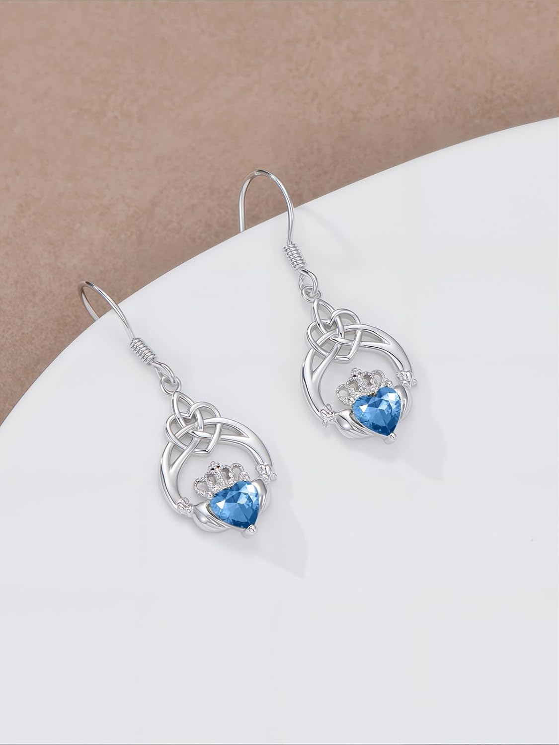 Seiyang Celtic Claddagh Earring 925 Sterling Silver Irish Claddagh Dangle Drop Earrings with 12 Months Birthstone Celtic Irish Lucky Jewelry Gifts for Women
