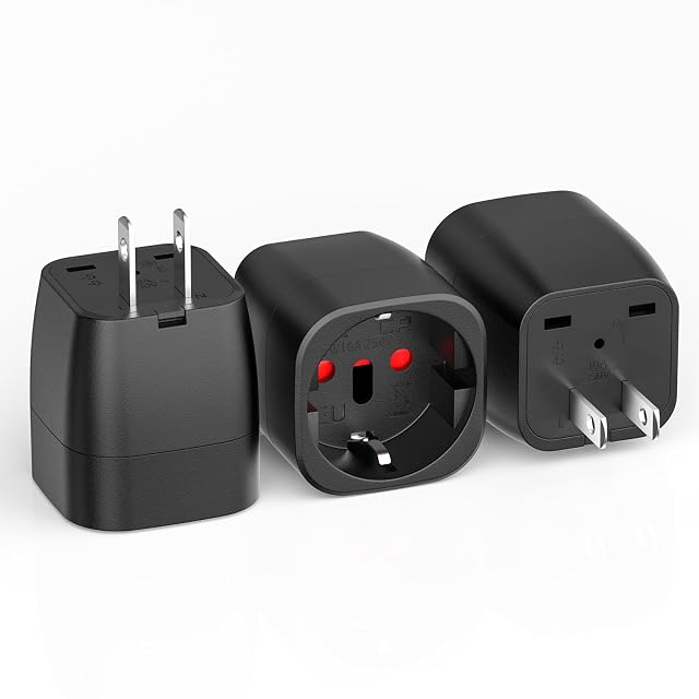 3 sztuki adaptera podróżnego typu A na Schuko typ F, europejskie wtyki czarne 10A 250V, adapter podróżny do USA, Kanady, Meksyku, Japonii, Tajwanu, pasujący do Niemiec, Hiszpanii, Włoch, Szwajcarii