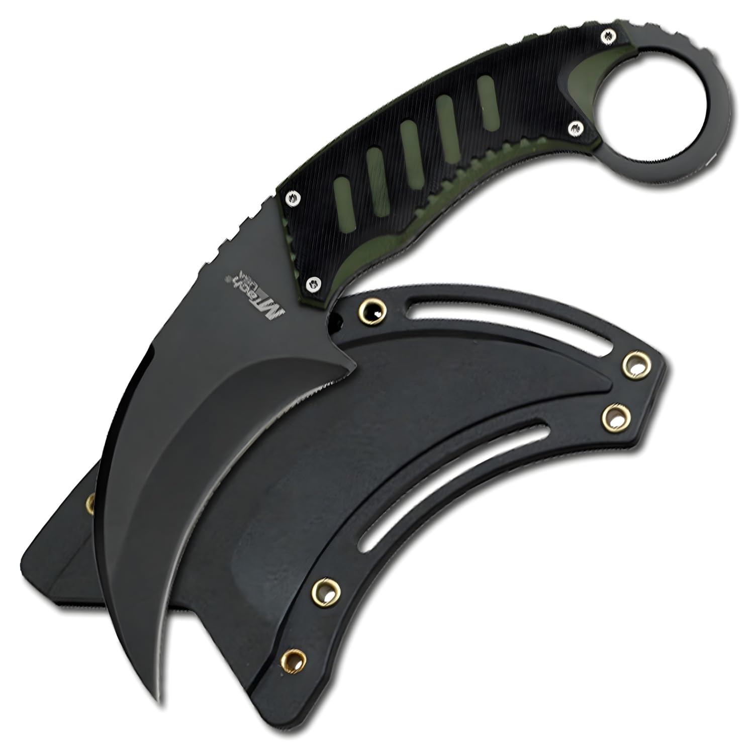 Fixed Blade Karambit Knife, 7.5” Overall Length, Black Stainless Steel Curved Blade, G10 Handle, Nylon Fiber Sheath (Green & Black)