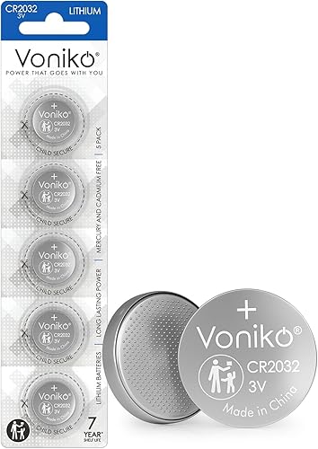 Voniko Paquete de 5 baterías CR2032 de 3 voltios, baterías de litio, batería de botón 2032 plana, 7 años de vida útil