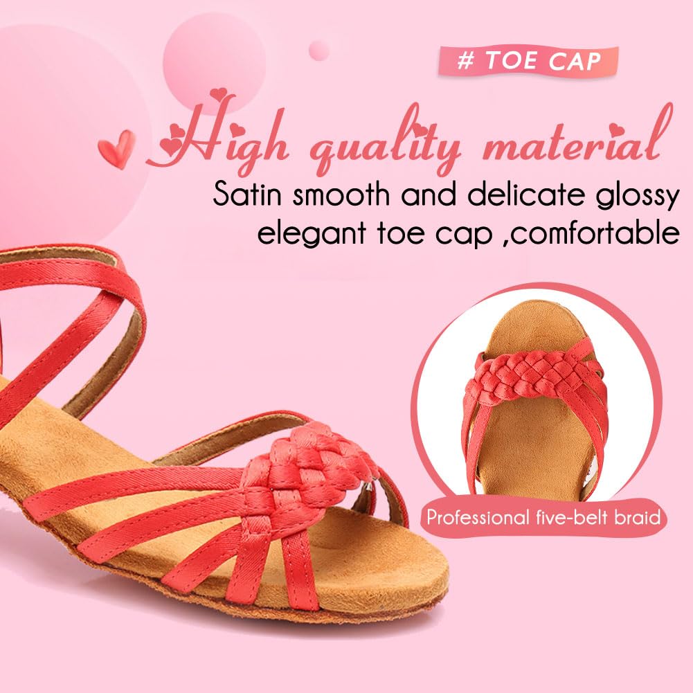 YKXLM Girls Latin Dance Shoes Kids Low Heels Tango Salsa Ballroom Practice Dance Shoes, 1208,Red,11.5 M Little Kid