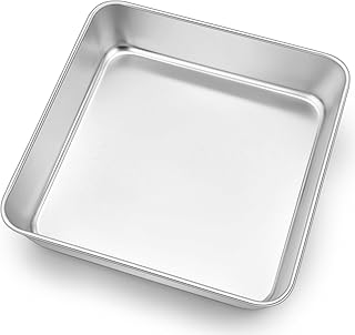 E-far 9x9 Inch Square Cake Pan, Stainless Steel Baking Pan for Lasagna Brownies Casseroles, Silver Square Bakeware for Oven Cooking, Non-Toxic & Rust Free, Dishwasher Safe, 2 Inch deep