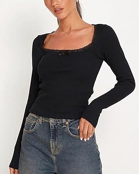 【ANDAR】 Airtouch square neck long sleeve crop tee Y2k 2000s Basic Square Neck Long Sleeve Crop Tops Women Bow