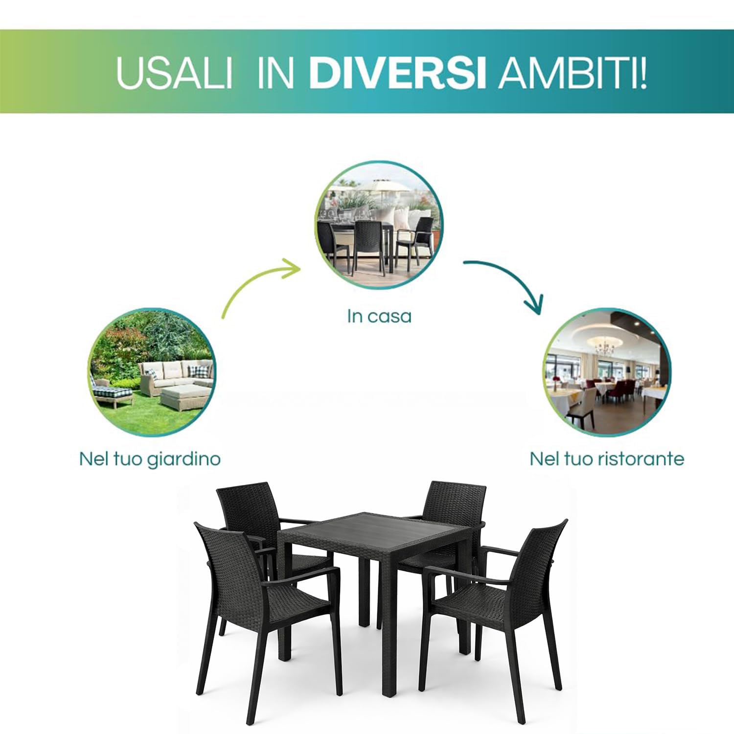 PALUPLUS Set Tavolo Quadrato con 4 Sedie Rattan in Plastica color Antracite, Misura Tavolino 79x79x72 cm, Sedia CON Braccioli, Arredo per Esterno, Terrazzo -KIN024F/DUK702F-23